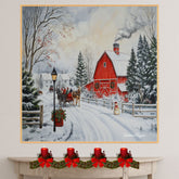 Festive Winter Scene with Red Barn, Horse-Drawn Sleigh, Snow-Covered Trees, White Houses, and a Cheerful Snowman on Ready to Hang 1.5" Thick Canvas Wrap, Floating Framed Canvas, Flat Rolled Canvas